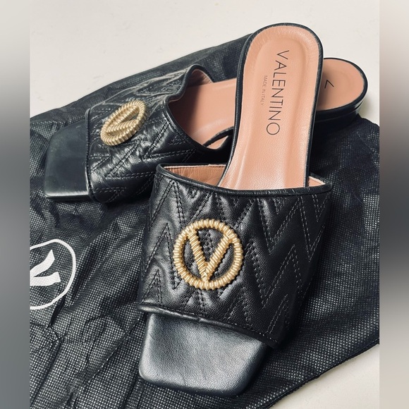 Valentino By Mario Valentino Shoes - Valentino By Mario Valentino Black and Gold Mules with Distinctive Hardware